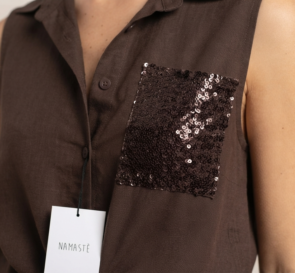 Camicia smanicata con tasca in paiettes V_COCO09