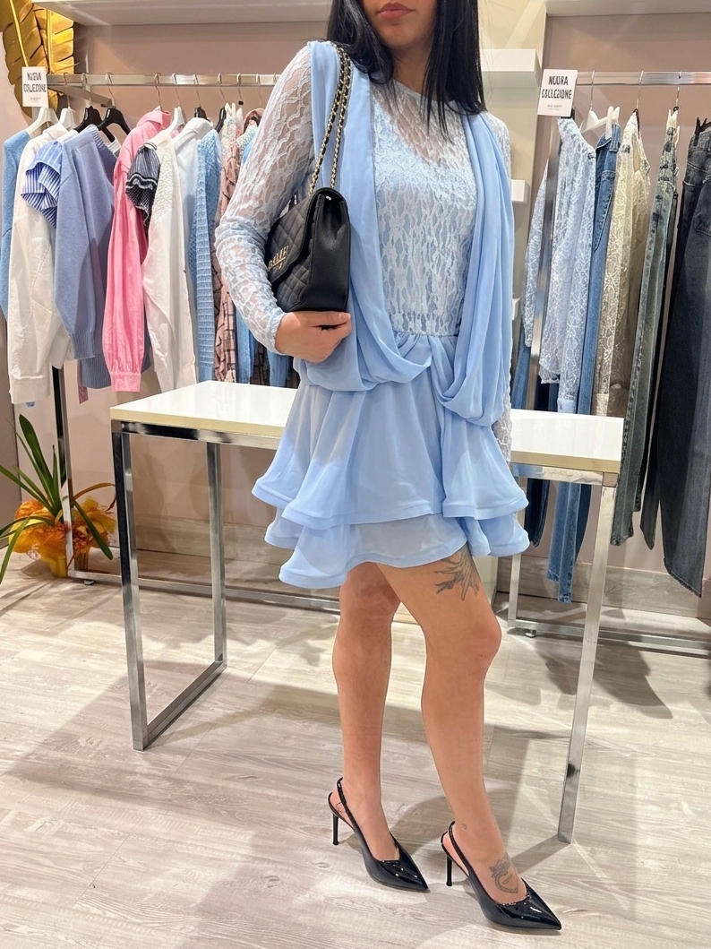 Vestito satin e pizzo azzurro V_47840