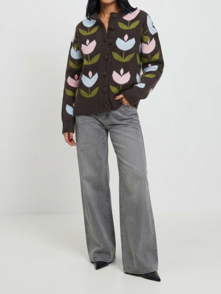 Cardigan marrone con tulipani GLAMOROUS - V_GLA5879