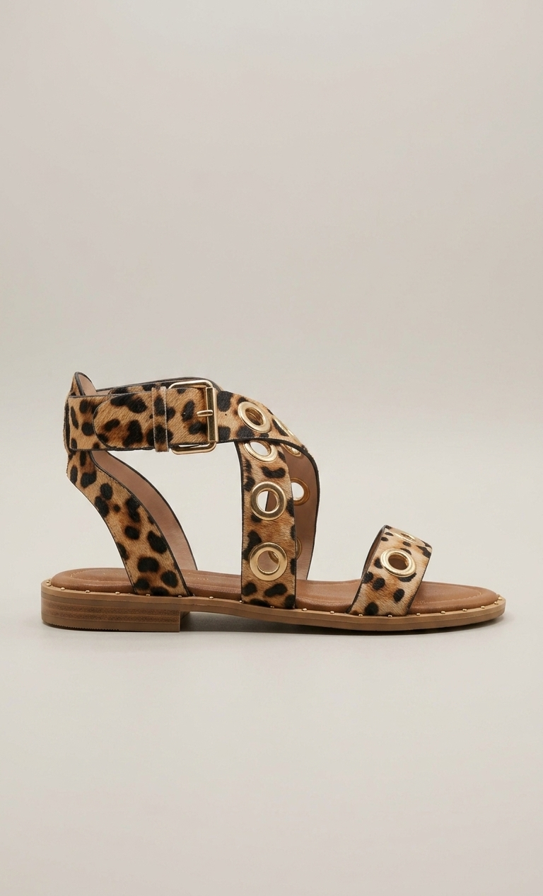Sandalo intrecciato con borchie leopardato V_J1801M