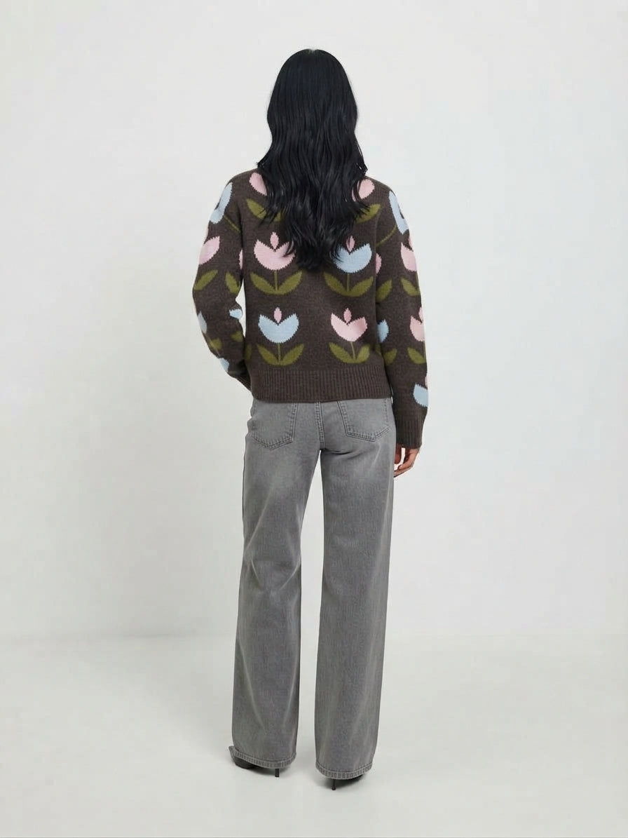 Cardigan marrone con tulipani GLAMOROUS - V_GLA5879