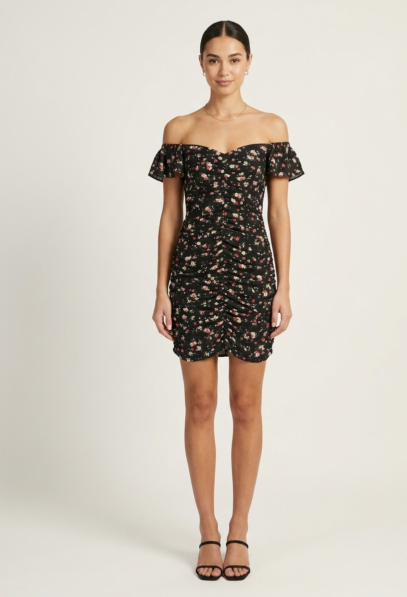 Abito nero floreale con balze V_618000