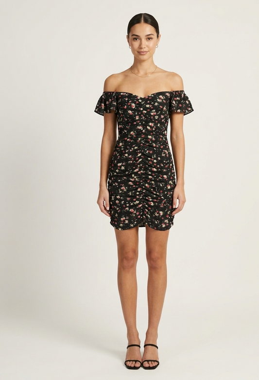 Abito nero floreale con balze V_618000
