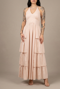Abito lungo con balze rosa cipria V_ABI018