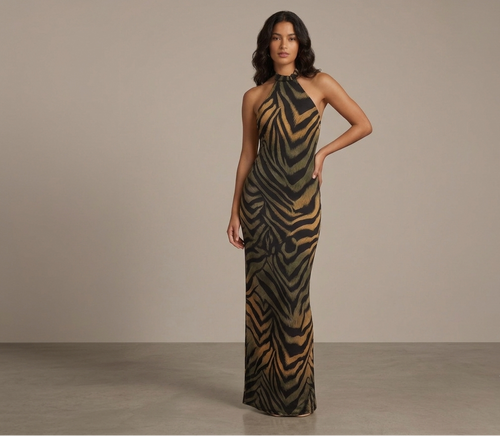 Abito animalier con scollo all'americana V_15011