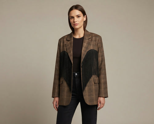 Giacca tartan con frange V_GF2601