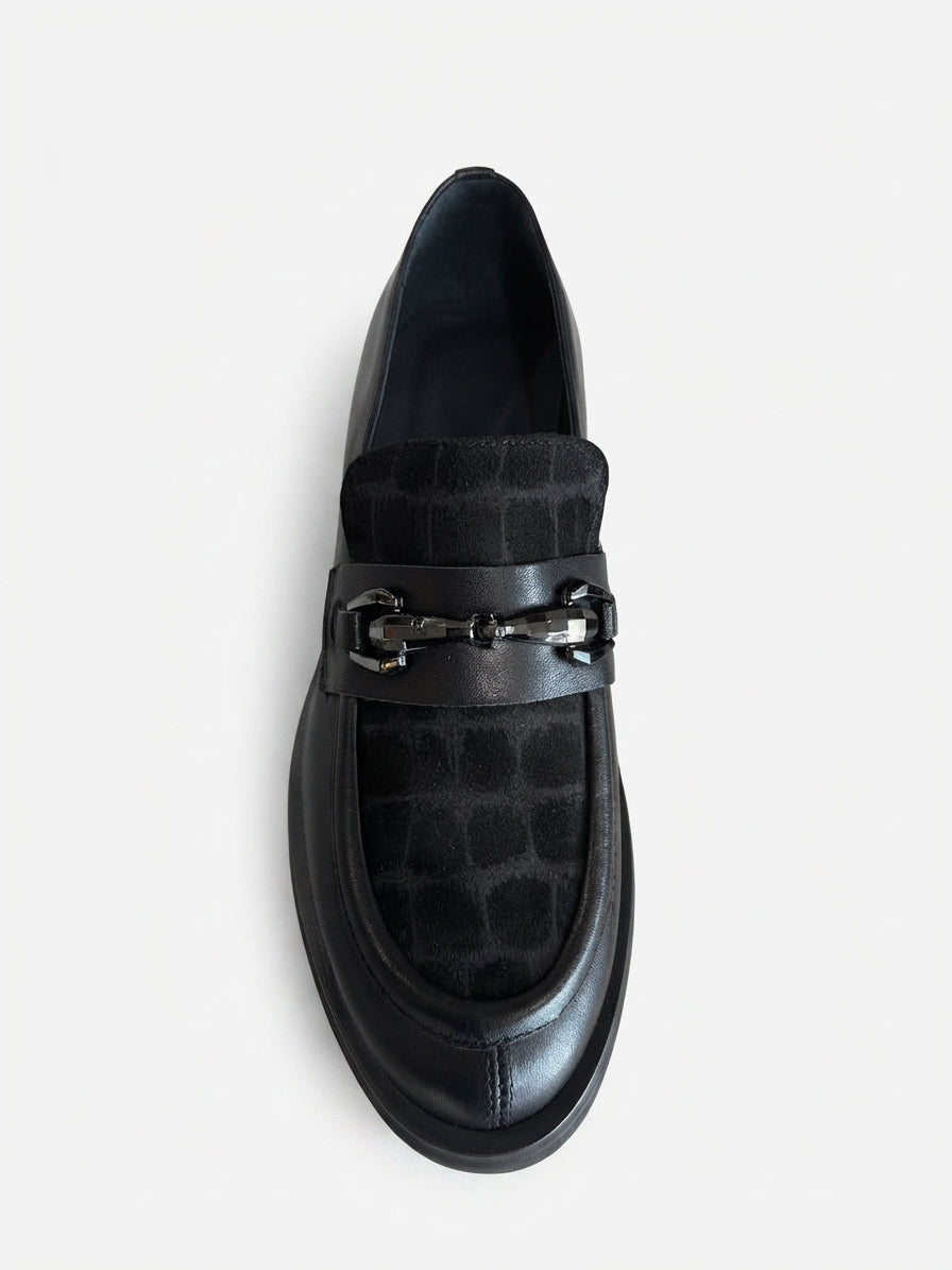Mocassino in pelle nero con fantasia cocco - V_40I6R