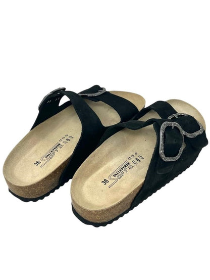 Ciabatta doppio cinturino regolabile in nabuk nero - VG1571TK