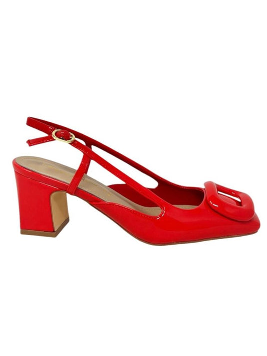 Decollete' slingback vernice rosso punta quadrata con accessorio - G0903R