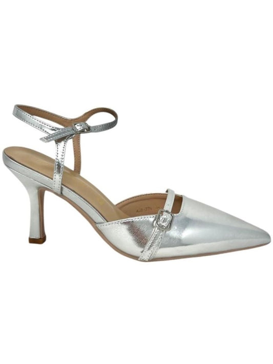 Decollete' ankle-strap pelle laminata argento - A0827N