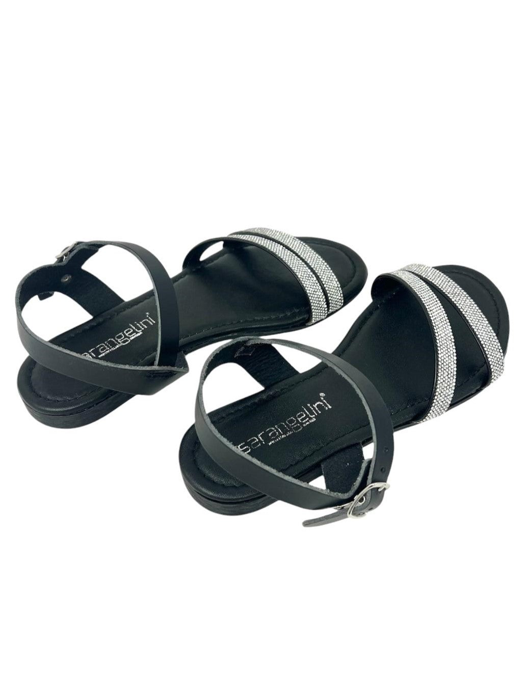 Sandalo doppia fascia strass pelle nero - 652NE