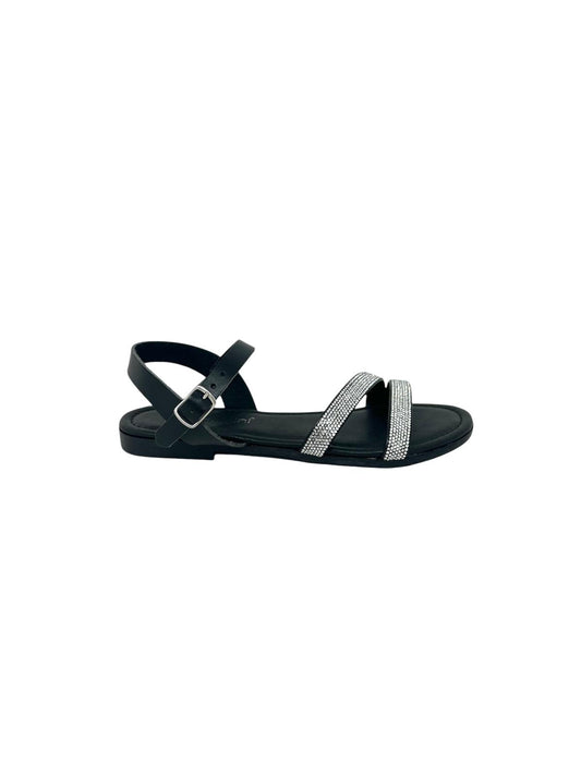Sandalo doppia fascia strass pelle nero - 652NE