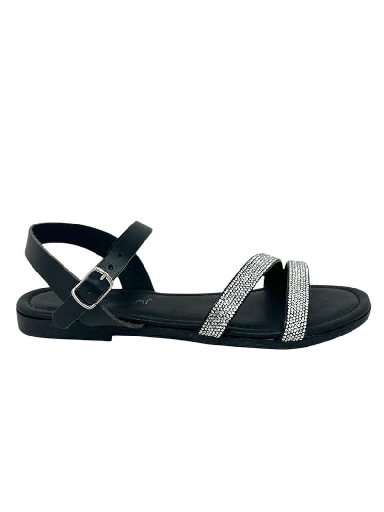 Sandalo doppia fascia strass pelle nero - 652NE