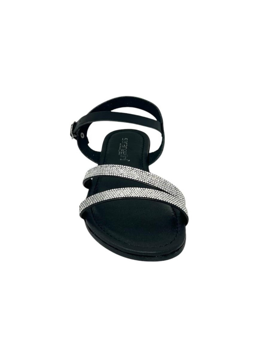 Sandalo doppia fascia strass pelle nero - 652NE