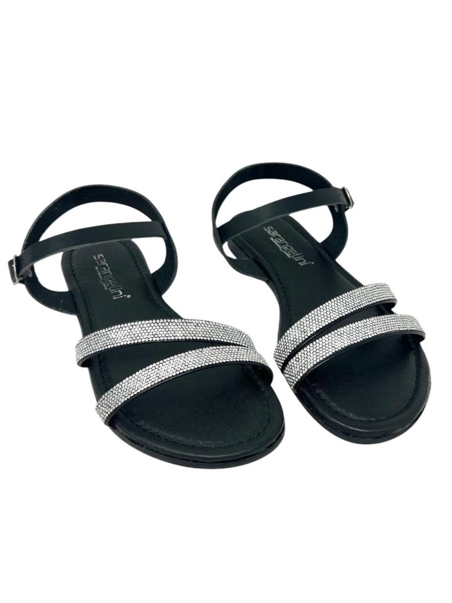 Sandalo doppia fascia strass pelle nero - 652NE