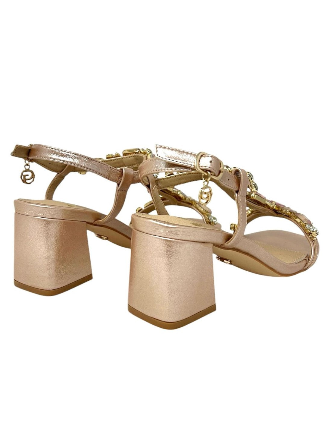 Sandalo a T tacco quadrato con accessorio oro rosa - GV59