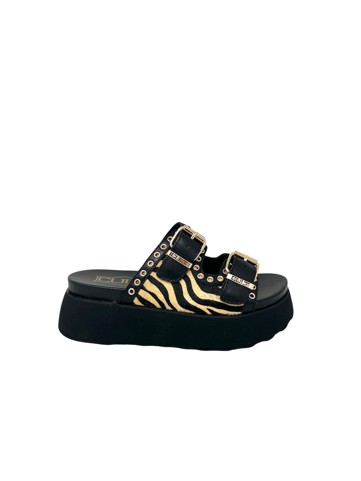 Ciabatta platform animalier nero con borchie - CLW430L