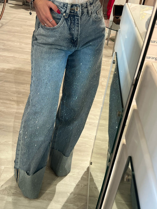 Jeans vita altra strass con risvolto
