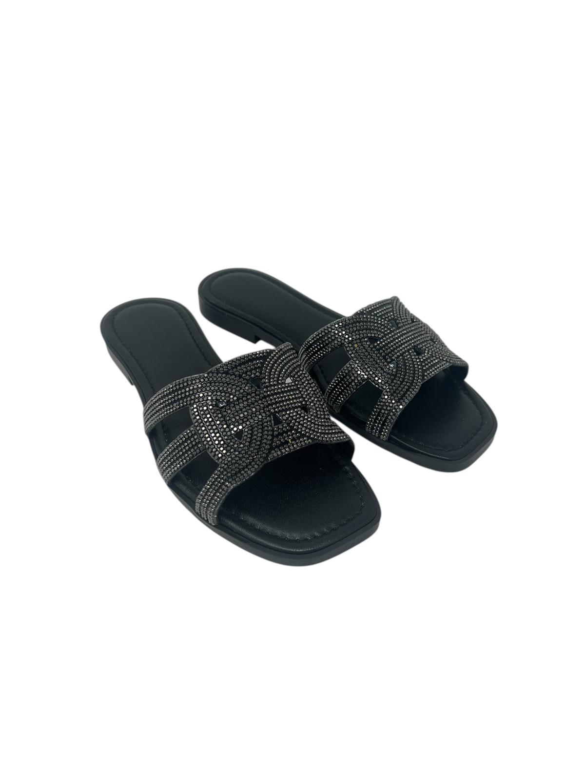 Ciabatta flat con strass neri - 656NE