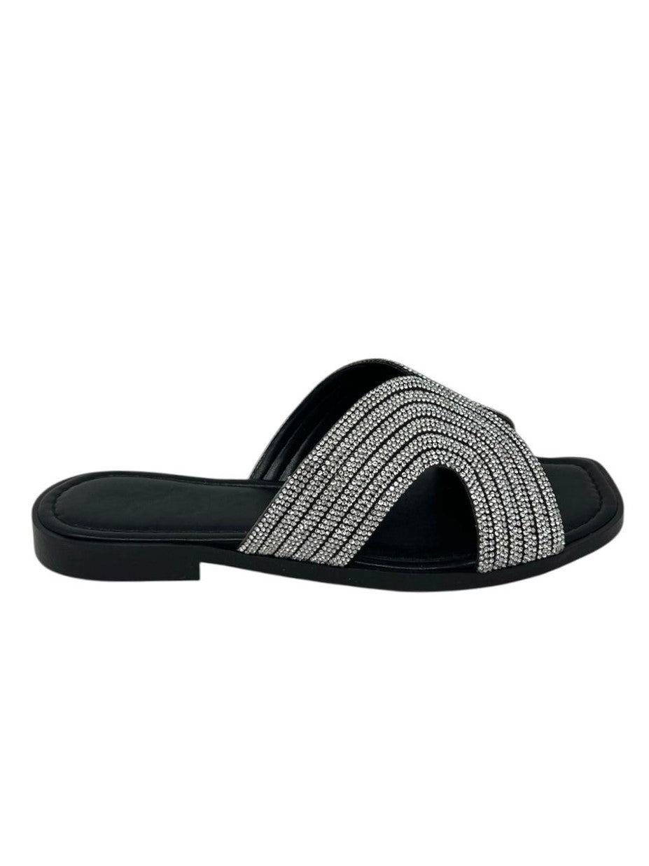 Ciabatta flat ad H nera con strass - 655NE