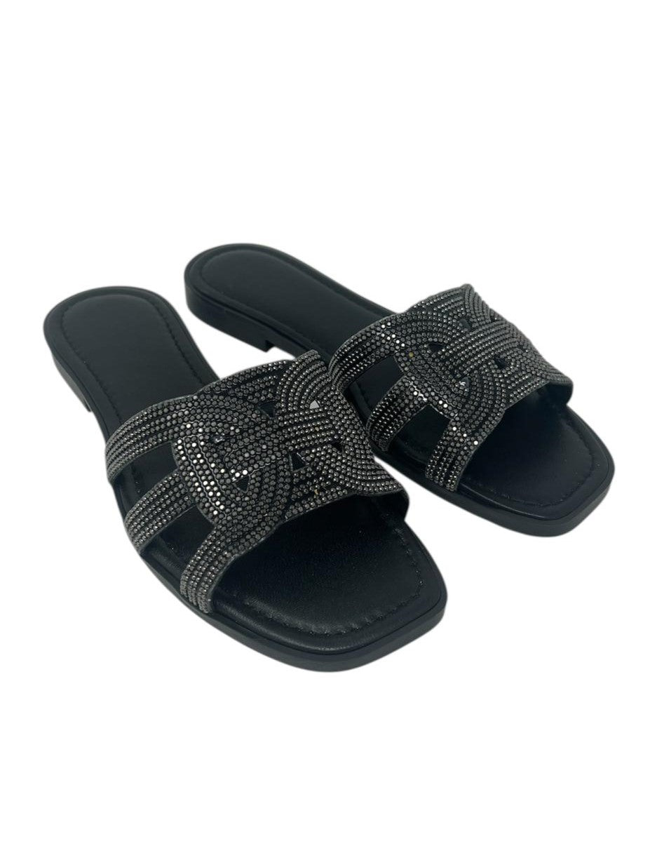 Ciabatta flat con strass neri - 656NE