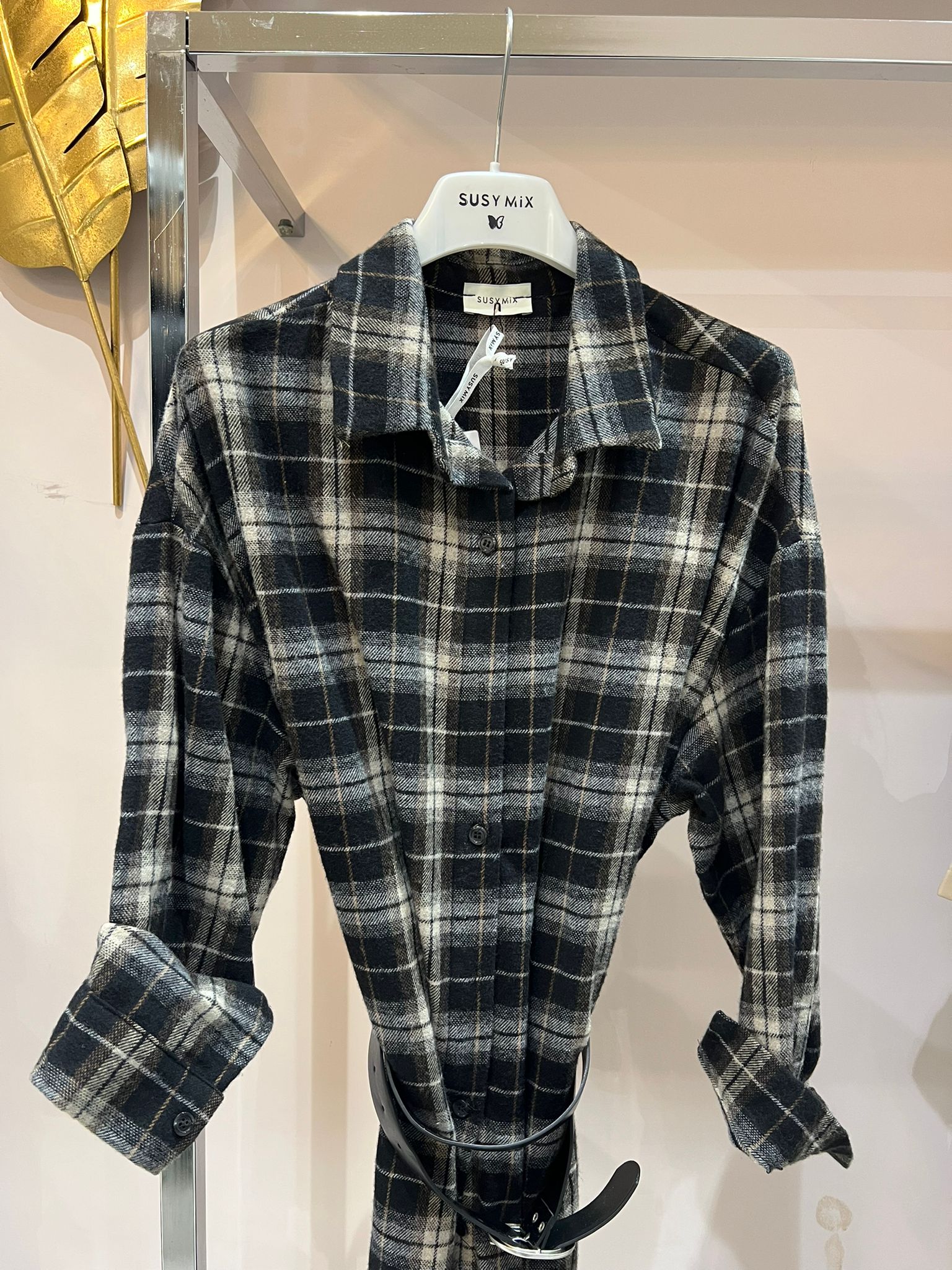 Camicia a riquadri marrone/bianco con cinta - 5188N