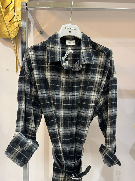 Camicia a riquadri marrone/bianco con cinta - 5188N