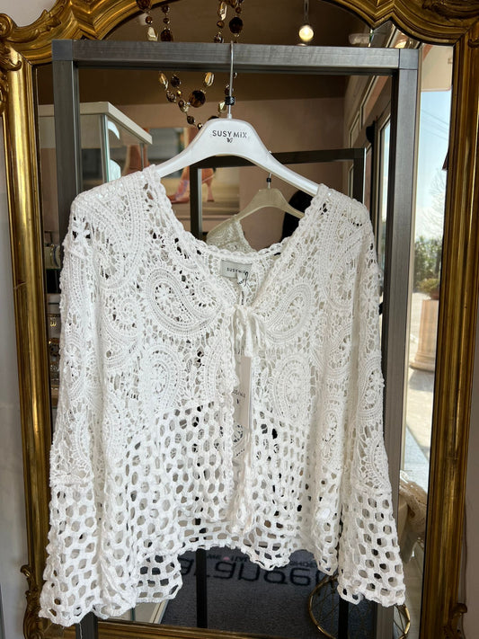 Cardigan crochet con lacci bianco V_48006