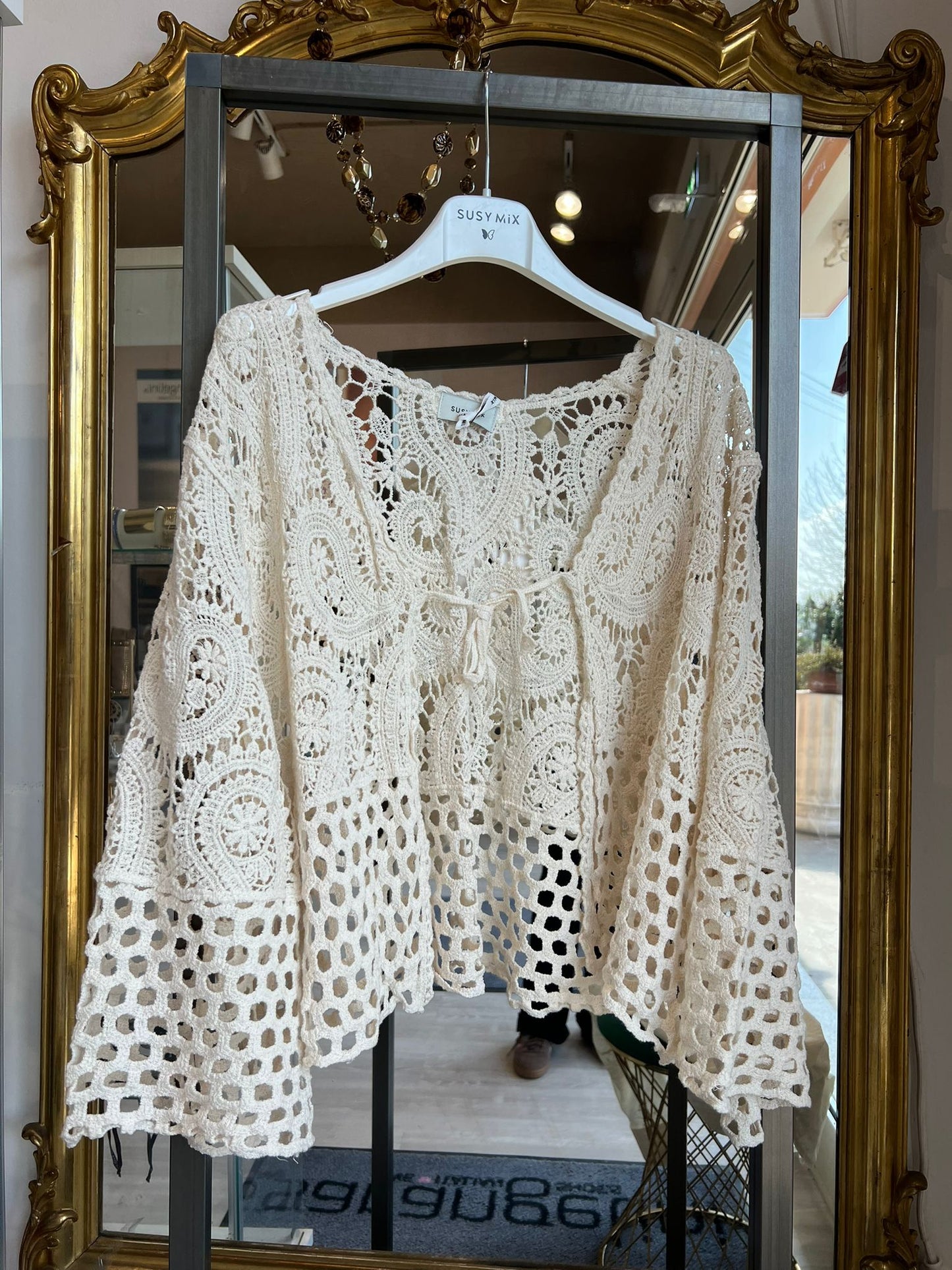 Cardigan crochet con lacci latte V_48006L