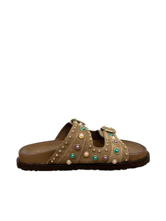 Ciabattina bassa doppia fascia con borchie beige - V_F210