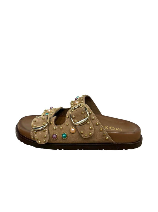 Ciabattina bassa doppia fascia con borchie beige - V_F210