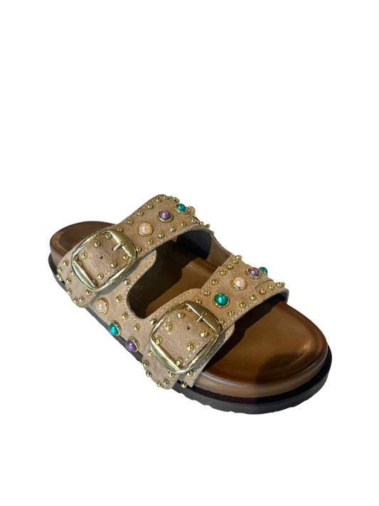 Ciabattina bassa doppia fascia con borchie beige - V_F210