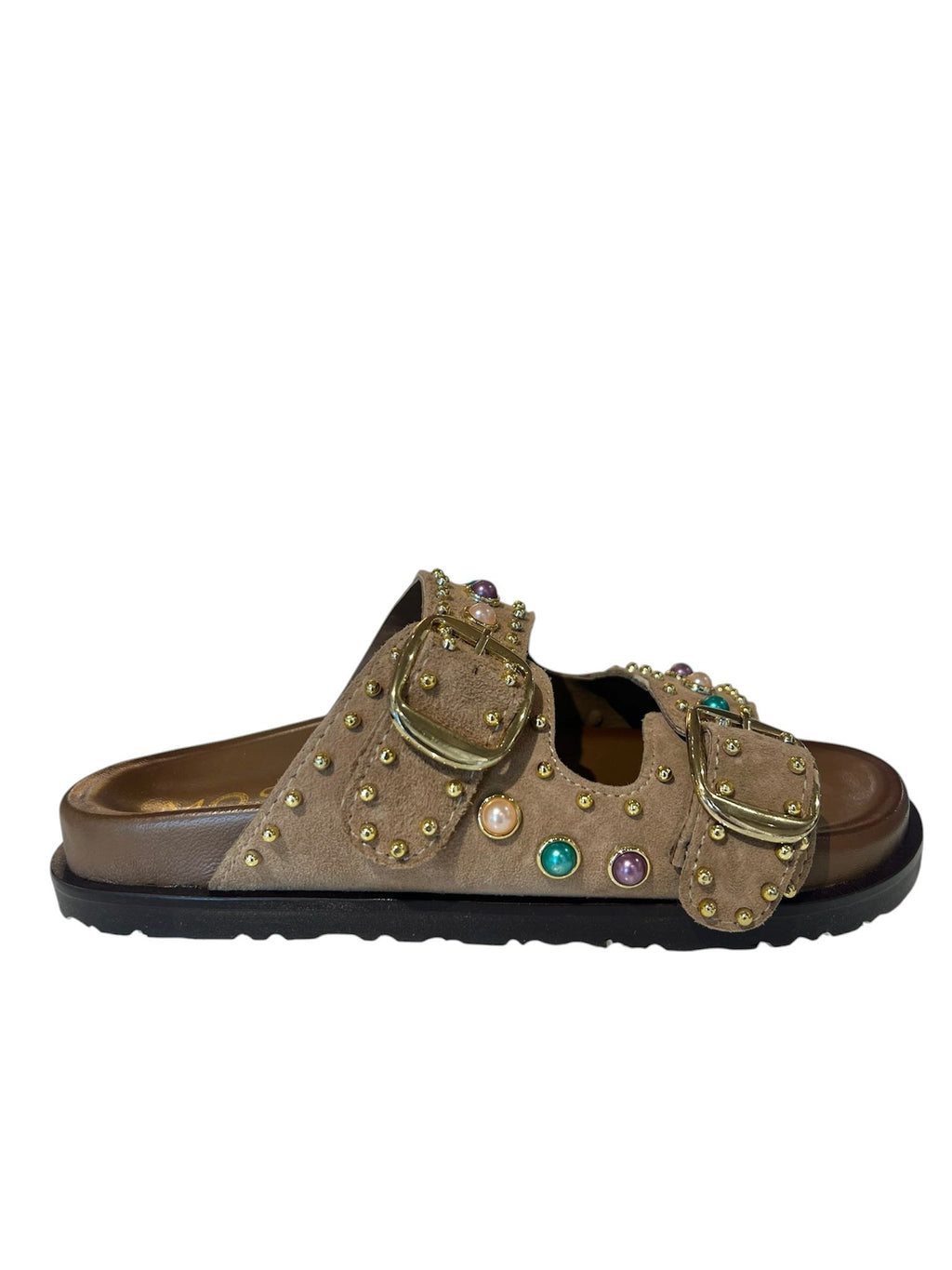 Ciabattina bassa doppia fascia con borchie beige - V_F210