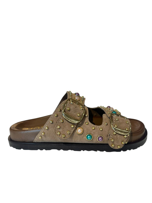 Ciabattina bassa doppia fascia con borchie beige - V_F210