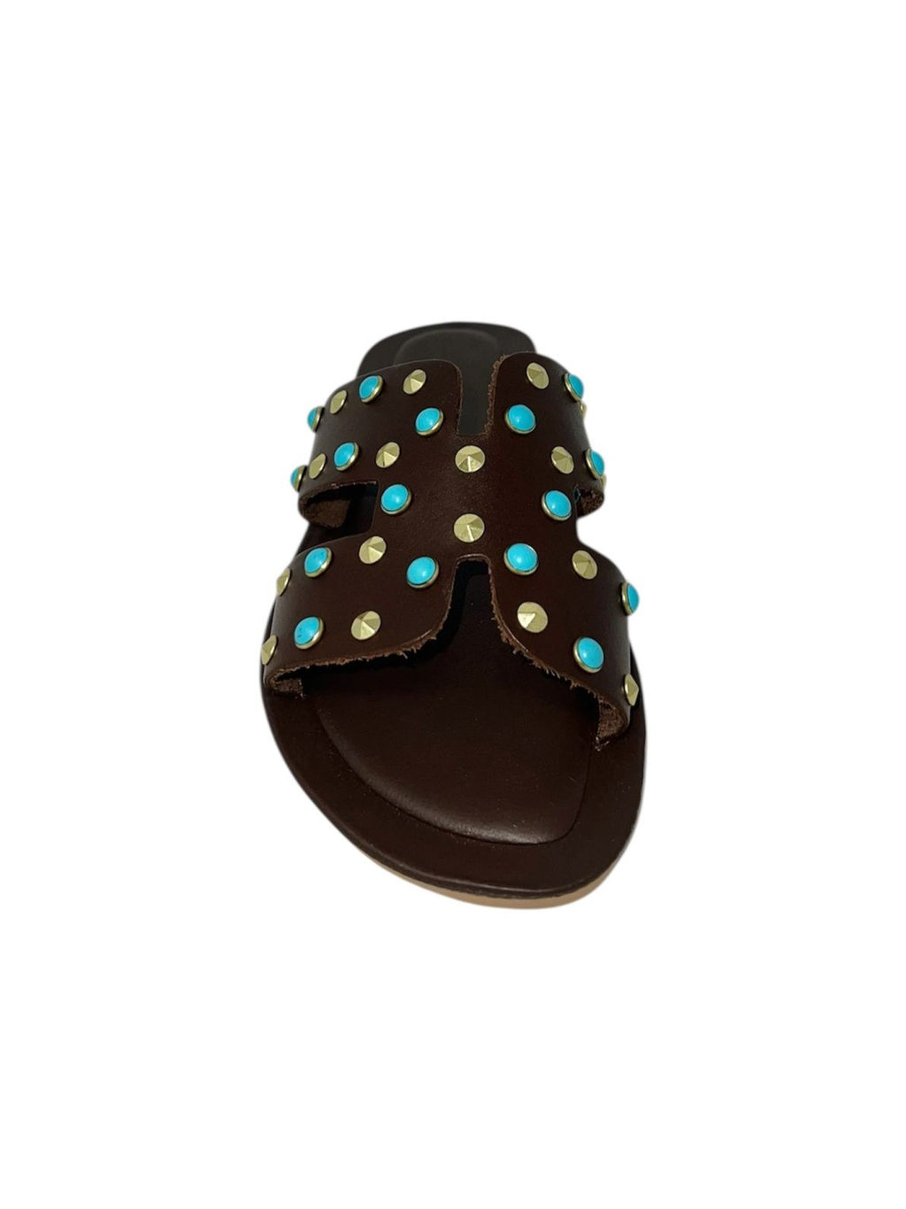 Ciabatta flat ad H marrone borchie turchesi - LIDO501