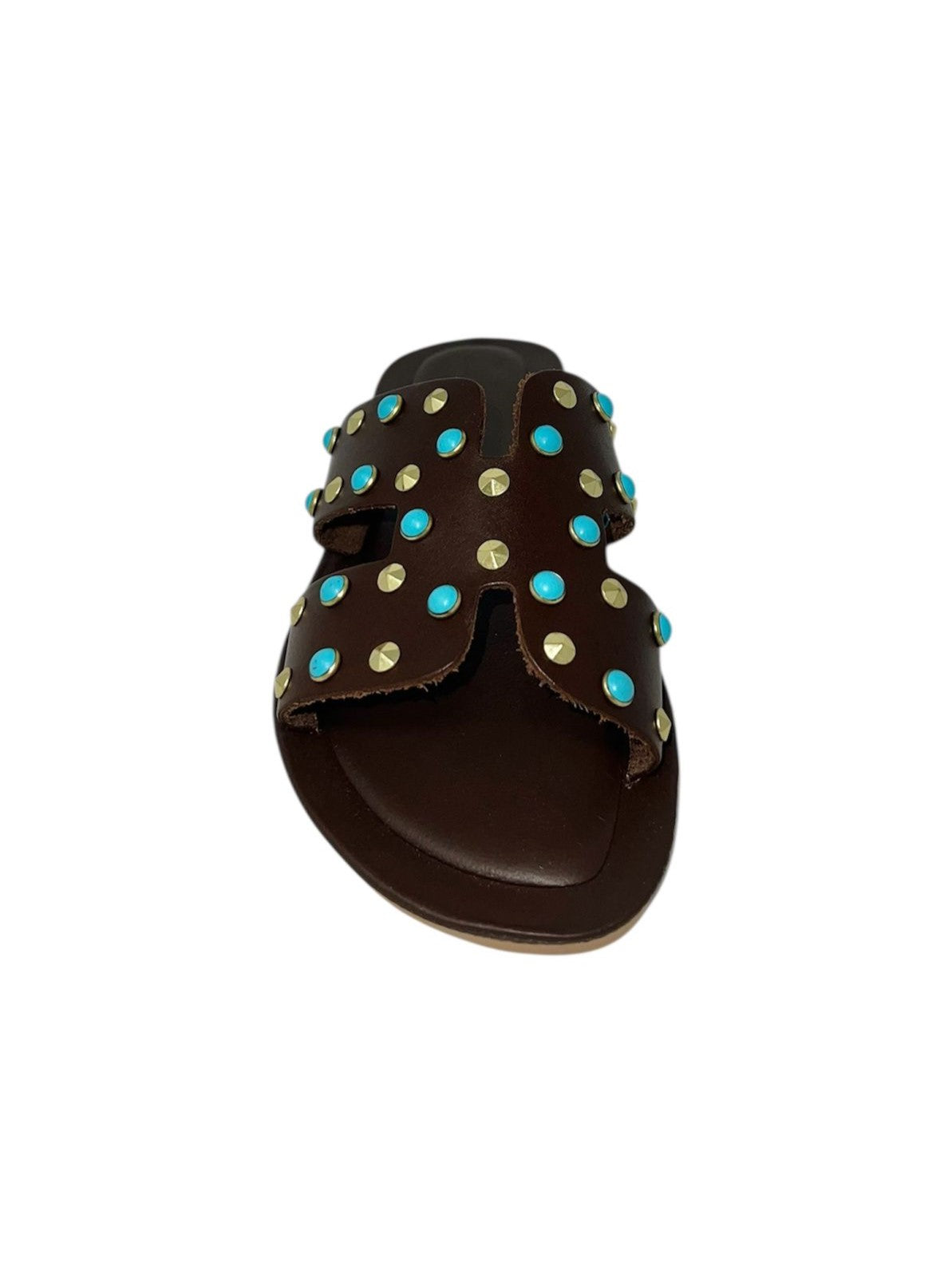Ciabatta flat ad H marrone borchie turchesi - LIDO501