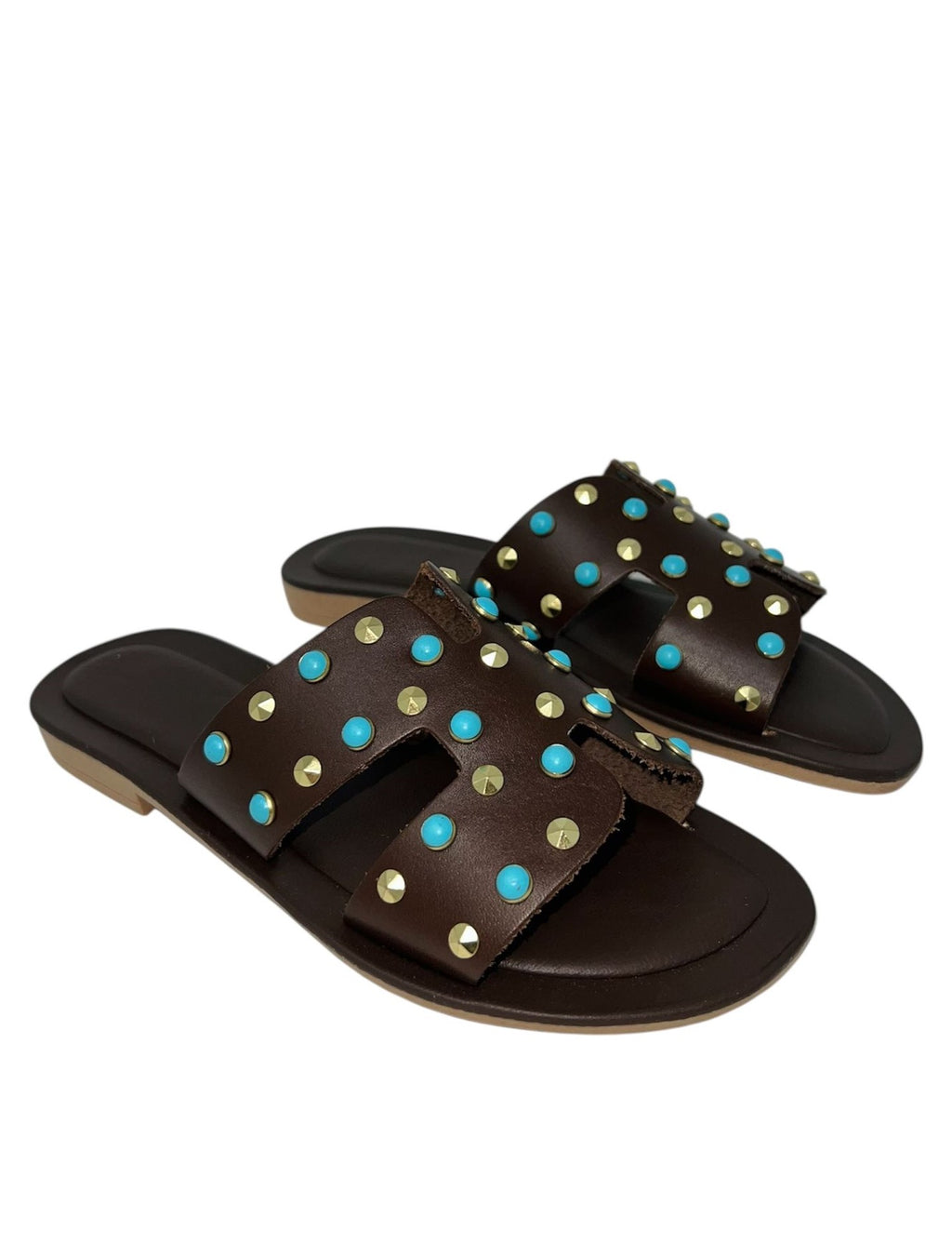 Ciabatta flat ad H marrone borchie turchesi - LIDO501