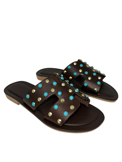 Ciabatta flat ad H marrone borchie turchesi - LIDO501
