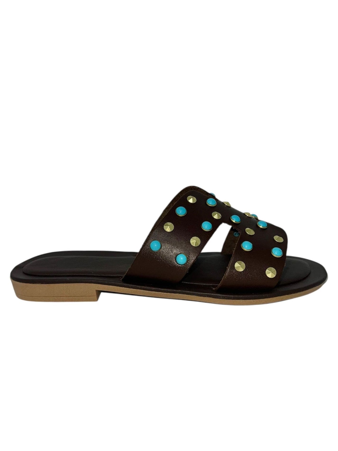 Ciabatta flat ad H marrone borchie turchesi - LIDO501
