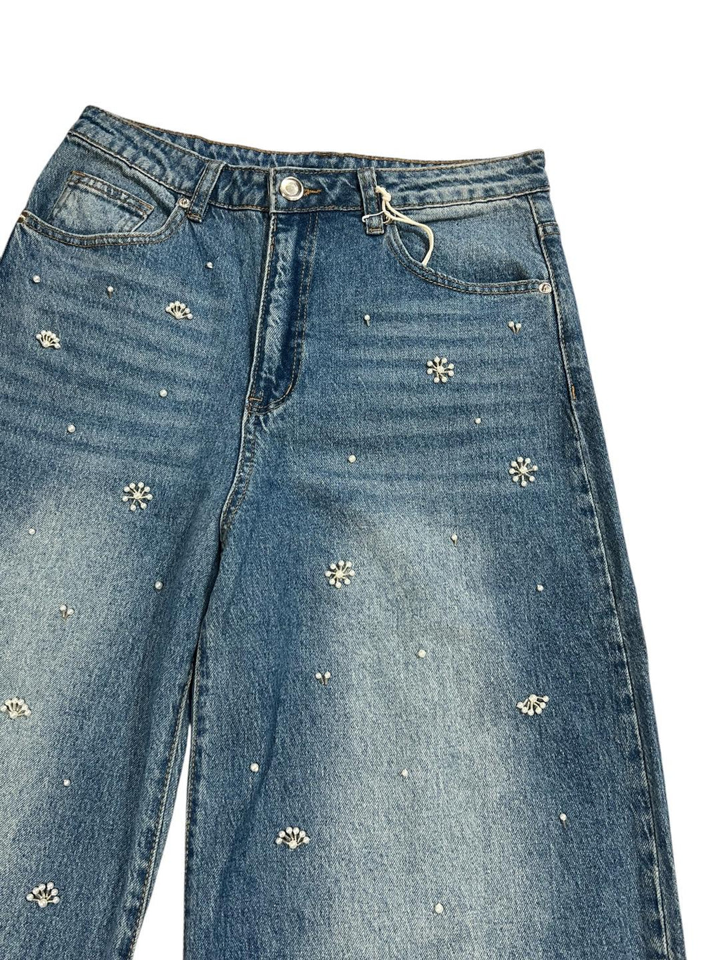 Jeans vita alta a palazzo con perle - 3500022