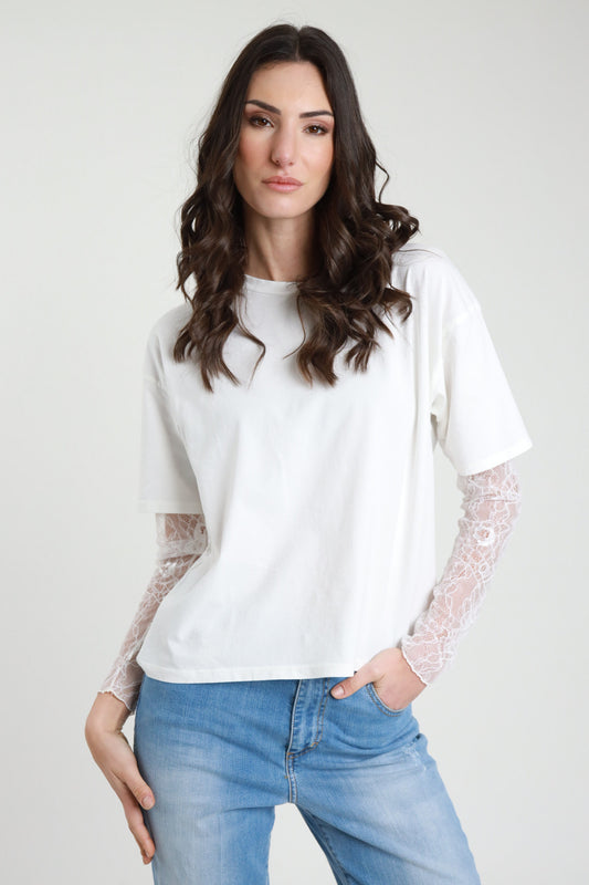 T-shirt con maniche in pizzo V_11073P