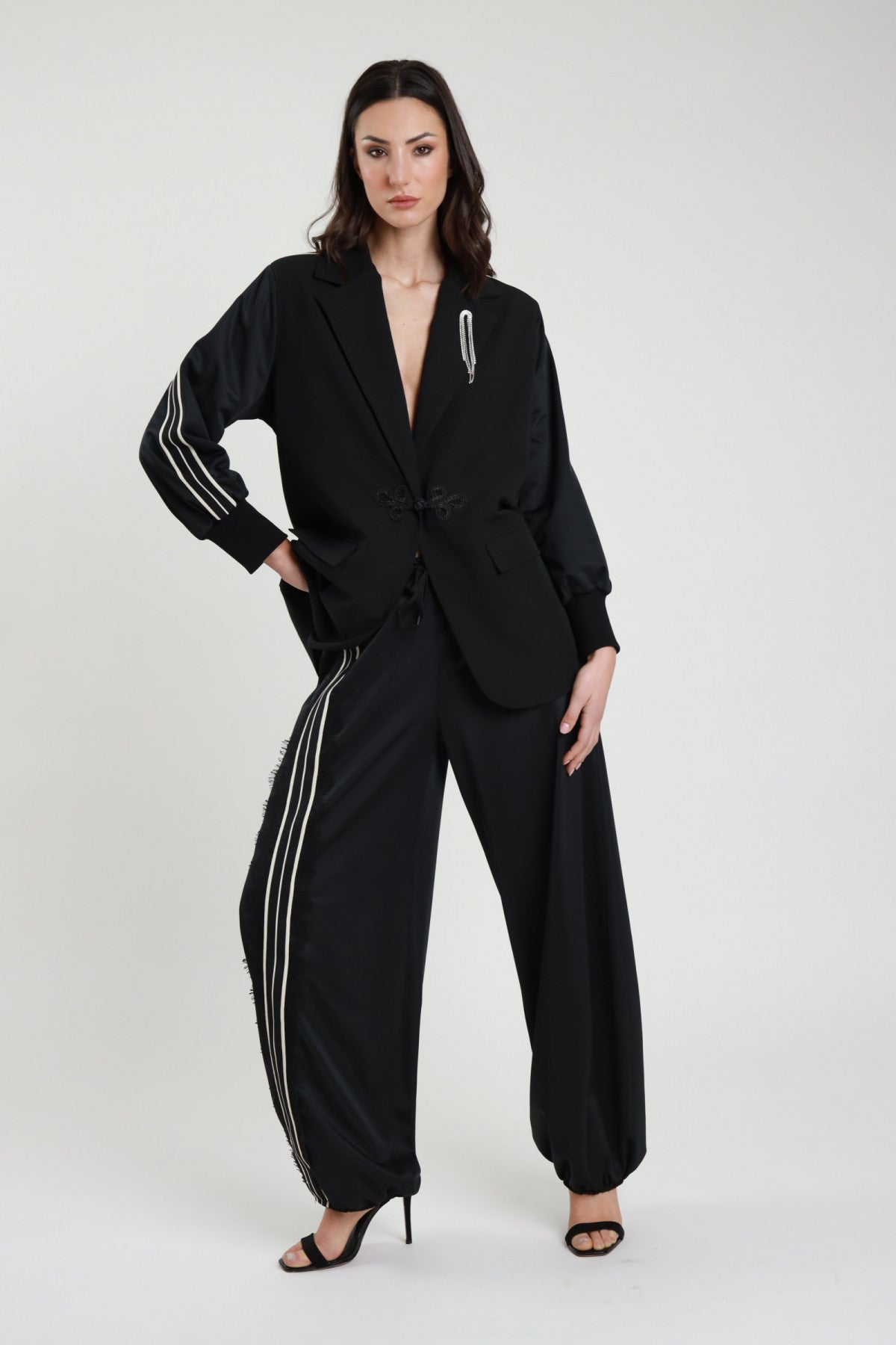 Pantalone baloon nero con bande V_S3393