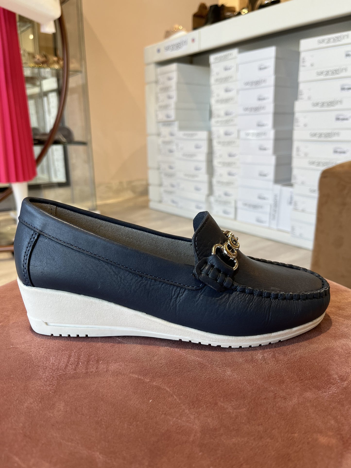 Mocassino zeppa con morsetto acciaio nappa blu navy