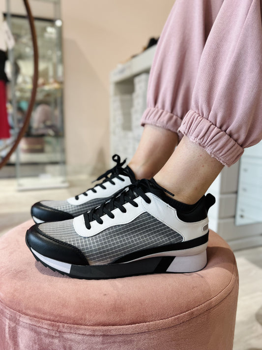Sneakers pelle tessuto trasparente bianco nero