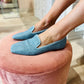 pantofola punta quadrata tessuto azzurro