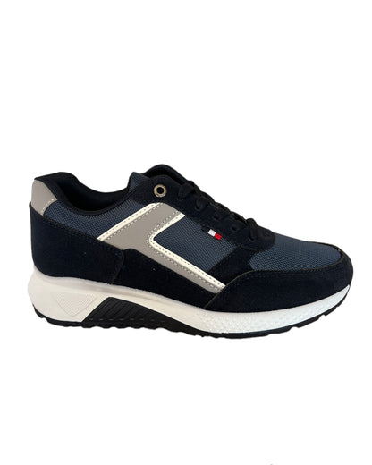 sneakers riporto bianco e rosso in tessuto blu